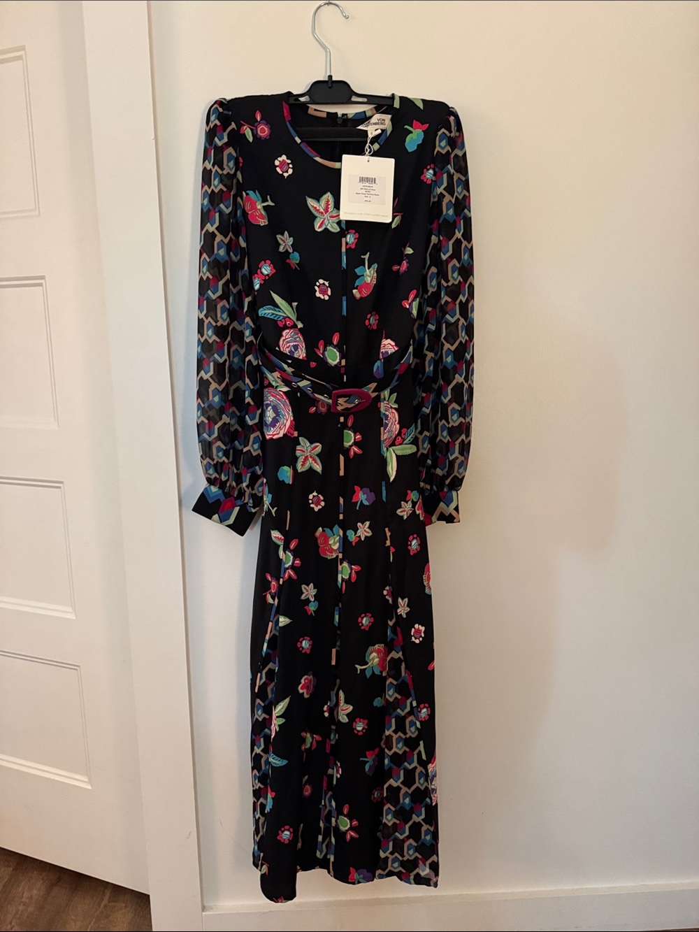 Black Floral Long Sleeve Belted Maxi Dress